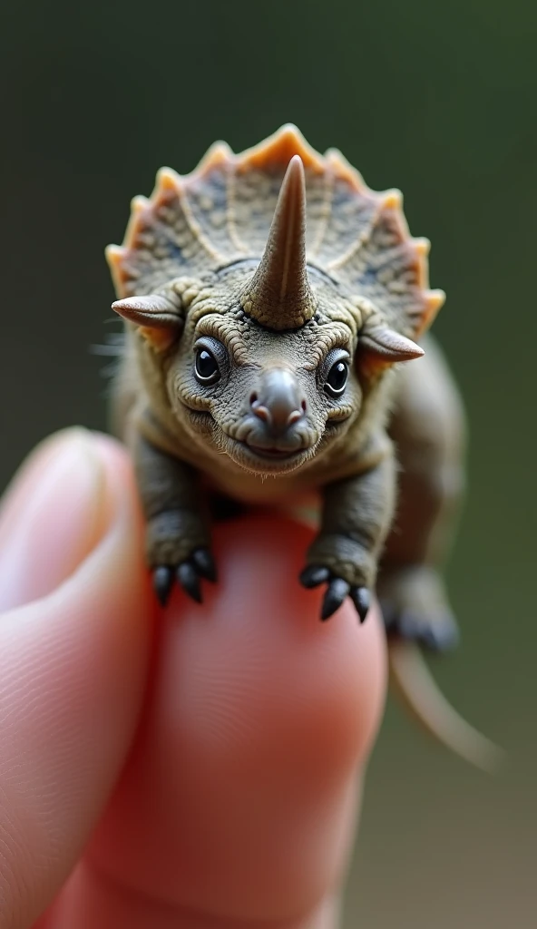 
 photorealistic macro shot of a miniature newborn triceratops with the thumb of a human hand on it。 extreme close-up highlighting the delicate features of baby triceratops ： deep neckline 、The tuft of soft hairs 。Small creatures、 clings to the thumb with ...