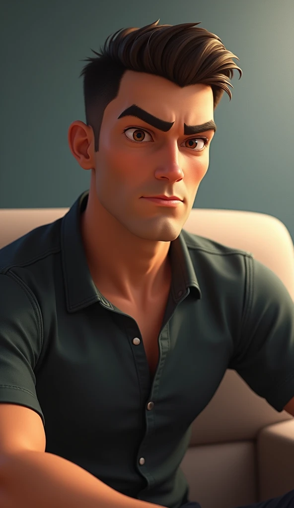 animated human male avatar with serious expressions,  sitting looking straight ahead
