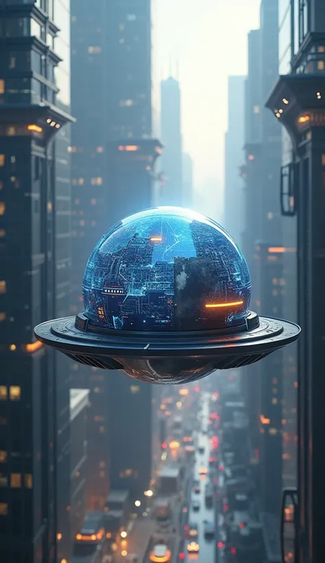 AI-Integrated Sphere Car: A spherical car with no wheels, floating mid-air. It has a smooth, reflective surface with embedded AI holographic displays on its panels, maneuvering effortlessly in a densely packed city of towering skyscrapers and floating plat...