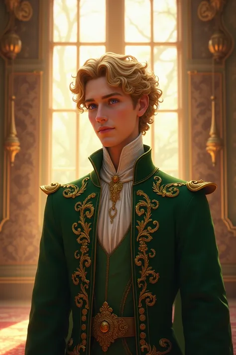  A young man with blond hair and violet eyes ,  his hair is curly and he wears a green princes clothing, He has a tender and innocent smile , Hes in the throne room