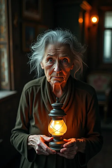 Close-up macro shot of an elderly lady in a wooden wooden house setting with antique furniture 
The night with a lamp in hand 