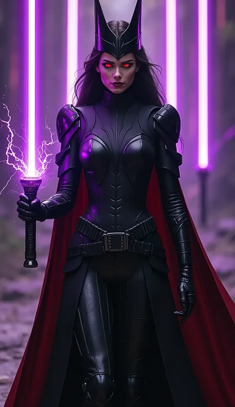 Female,Sith Lord,Standing Proud,Right hand holds 
purple lightning,Pretty,Black and Red armor,Black Crown,Red Eyes,Dark Hair,Three Purple Lightsabers behind her.#Woman,Red Eyes,Black Hair