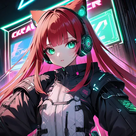 (8K, best quality, master piece:1.2),super high resolution,cyberpunk,1 android girl,solo,16yo,ultra-detailed face,ultra-detailed eyes,brown eyes,long hair,straight hair,red hair,cat ear headphones,(cyberpunk,lolita fashion:1.2),,Dynamic Pose,expressionless...