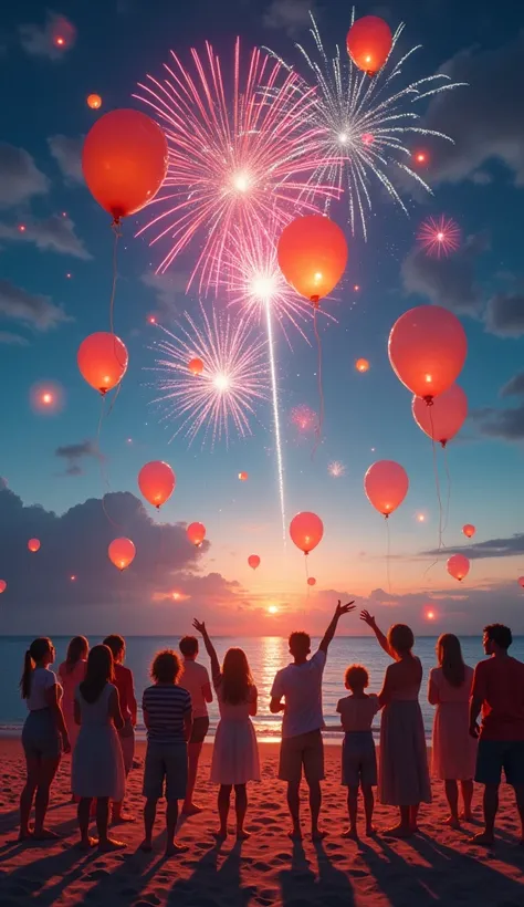 Image of happy people on the beach releasing illuminated balloons and lots of colorful fireworks in the sky.