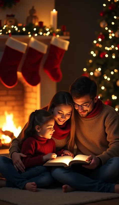 Familia leyendo una Biblia junto a una chimenea:
"A hyper-realistic image of a family sitting together by a glowing fireplace, reading an open Bible. The room is decorated for Christmas, with stockings hanging from the mantel and soft light creating a cozy...