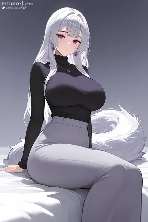 Waifu milf with a wolfs ear and a long wolfs tail, with long gray and white hair, with purple eyes, monster girl, High resolution ,  masterpiece, UHD, HD model, 