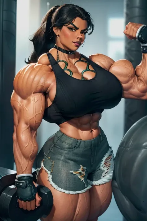 ((Close-up)), tall, (jet black hair) beautiful muscular woman, wavy ponytail, brown skinned, sweaty, closed smile, large breast, (black lipstick), (massive muscles), (hyper muscle), (((ginormous bulky muscles))), white eyes, ((((sports bra)))), ((((dolphin...