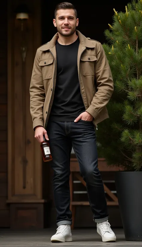  Spectacular handsome israeli man , muscular, with tight jeans,  strong and muscular legs big bump , great detail,  with spectacular fashion jacket in fashion , with a botella de whisky in his hands ,  smiling background with real Christmas pine  , muy gua...