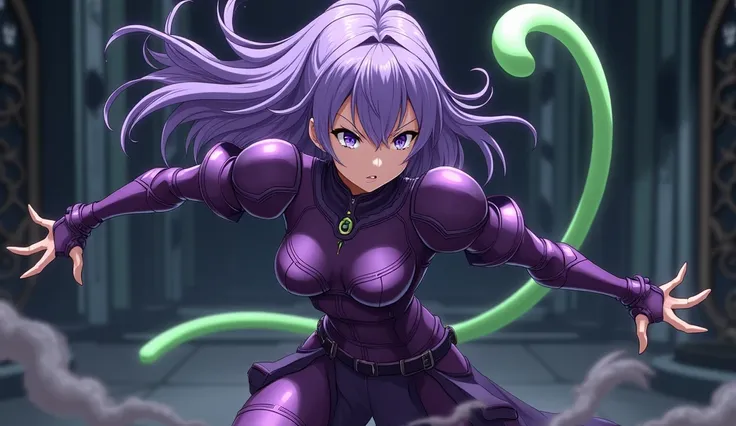  anime girl with purple hair and purple eyes in a dark room, anime style like destination/ spending the night , wearing dark purple armor , destination /  spending the night , destination grand order, Misato Katsuragi, destination  spending the night , I w...