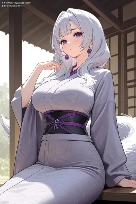 Waifu milf with a wolfs ear and a long wolfs tail, with long gray and white hair, with purple eyes, monster girl, High resolution ,  masterpiece, UHD, HD model, con kimono