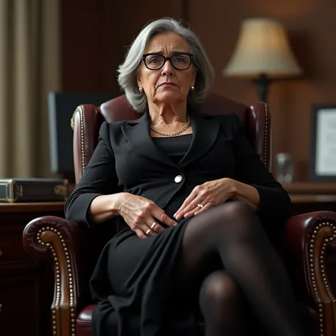 detailed,(realistic,photorealistic,photo-realistic:1.37), perfect anatomy, mature older classy Italian lady, gray hair, eyeglasses, sit on her executive chair, inviting shy smiling, office setting, long skirt, slightly spread knees, no underwear, black kne...