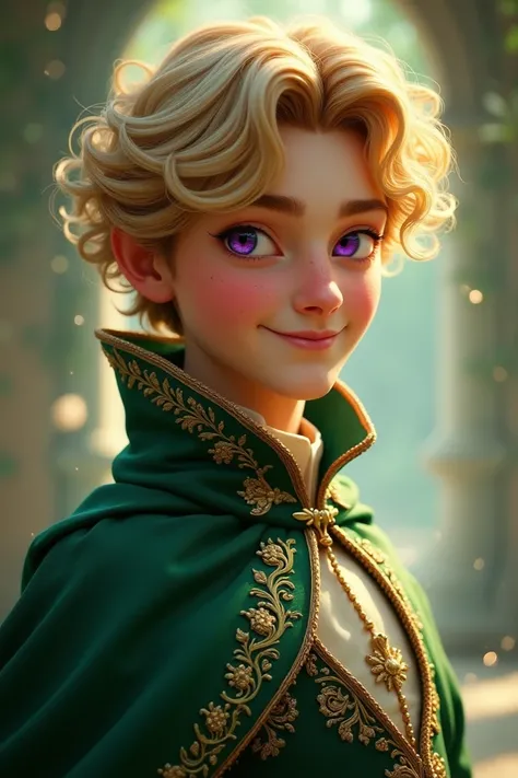  A young man with blond hair and violet eyes ,  his hair is curly and he wears a green princes clothing, He has a tender and innocent smile 