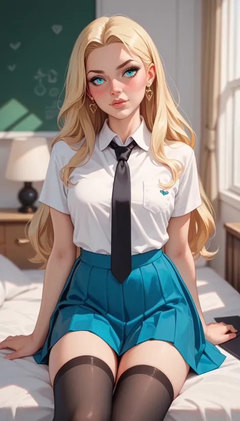 ,  long blonde hair , turquoise blue eyes,  blushed face,  big boobs, muslos gruesos, schoolgirl outfit  (camisa blanca, black tie, Black miniskirt,  black stockings)