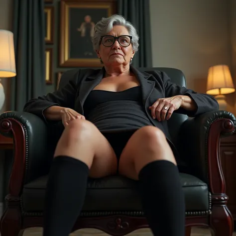 detailed,(realistic,photorealistic,photo-realistic:1.37), perfect anatomy, mature older classy Italian lady, gray hair, eyeglasses, sit on her executive chair, inviting shy smiling, office setting, long skirt, spread knees, no underwear, black knee-highs, ...