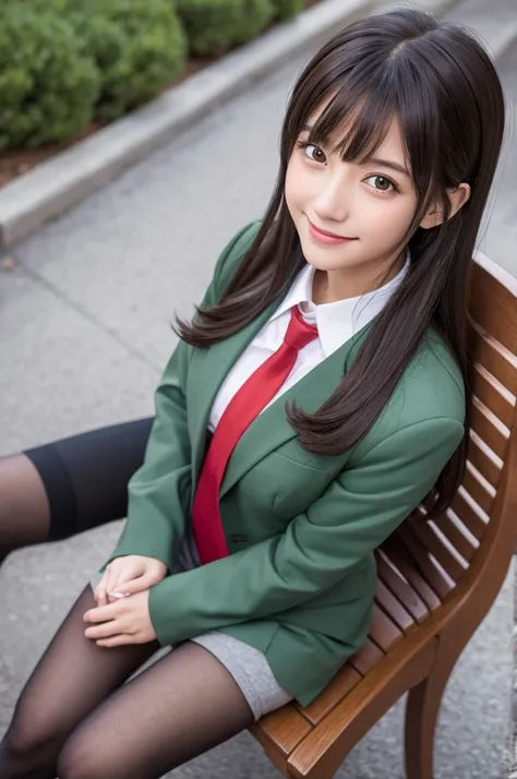   Masterpiece ,  best quality,  high definition , Myorine 1,  1 girl , Miorine Rembrandt, Asticasia School Uniform, Alone,  long hair,   Grey Eyes , Grey Hair, Ahoge, Seamless Legwear, Green shorts,  ties, bangs,  hair between eyes,  black pantyhose that h...