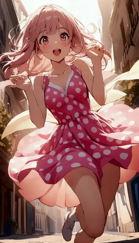 1beautiful European girl on the street, A polka dot pink one peace dress, (skirt fluttering and spinning, Rotating on one leg),  hands up, Look at the camera, from front,