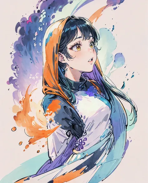 illustration of a woman freeing her voice in watercolor silhouettes colors orange and blue purple and green 