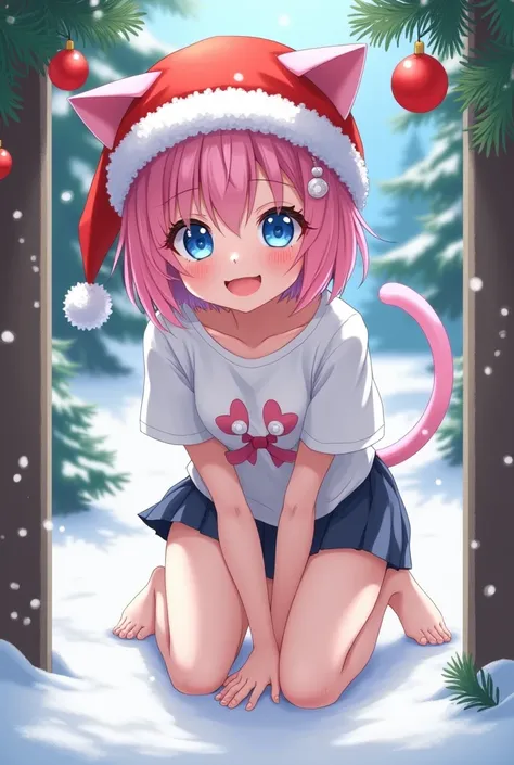  masterpiece ,  best quality, sky blue eyes, 1 girl, only, thin, Blush, Body of a young man , no errors in the images ,  An anime girl with a perverted face , Christmas hat , pink hair, With high quality, (short hair), in the square, orgasm,  small breasts...