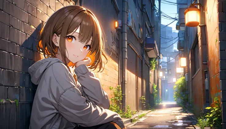 background： quiet back alley in the early morning 、 the sky is dyed light and bright 。  
expression：While squinting slightly 、深呼吸する穏やかなexpression。  
Costume： thick sweater and pants 。  
 pose：Leaning against the wall、 relaxing by lightly bending one leg。  ...