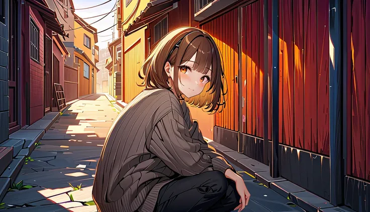 background： quiet back alley in the early morning 、 the sky is dyed light and bright 。  
expression：While squinting slightly 、深呼吸する穏やかなexpression。  
Costume： thick sweater and pants 。  
 pose：Leaning against the wall、 relaxing by lightly bending one leg。  ...