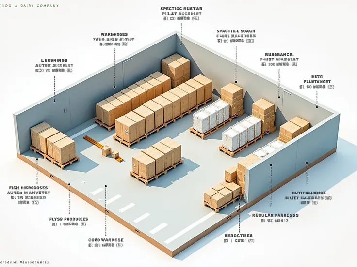 Design a lay out of a dairy company ,  where each area is labeled using the following information:  Storage Measures :
 • Hygiene :  Strict hygiene is maintained in all areas of the warehouse ,  applying regular cleaning and disinfection plans .
 • Store :...