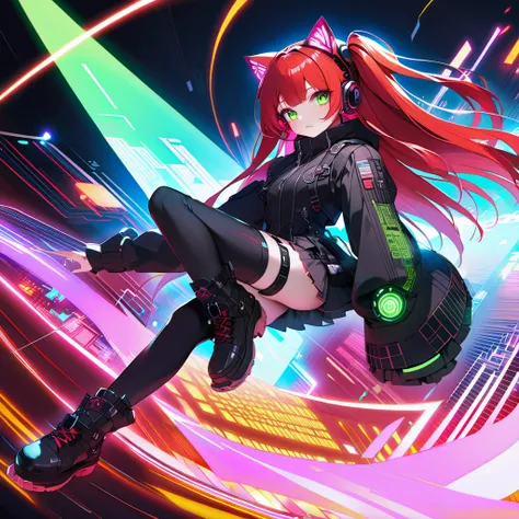 (8K, best quality, master piece:1.2),super high resolution,cyberpunk,1 android girl,solo,14yo,ultra-detailed face,ultra-detailed eyes,brown eyes,long hair,straight hair,red hair,cat ear headphones,(cyberpunk,lolita fashion:1.2),school tights,gothic boots,f...