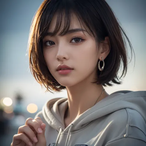 masterpiece, 8K, Award-winning photo, photoRealistic, Realistic, Very detailed, Ultra-high resolution, Ray Trakun, ///one person, night, Blurred streetscape of Korea, The most beautiful, 20-year-old, (sexy, Japanese idols), (blown layered bob:1.5), ///Huma...