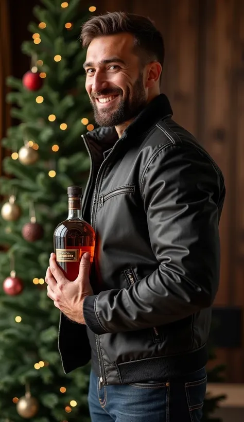  Spectacular handsome israeli man , muscular, with tight jeans,  strong and muscular legs big bump , great detail,  with spectacular fashion jacket in fashion , with a botella de whisky in his hands ,  smiling background with real Christmas pine  , muy gua...