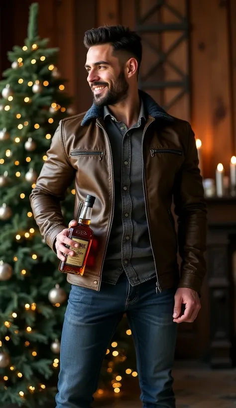  Spectacular handsome israeli man , muscular, with tight jeans,  strong and muscular legs big bump , great detail,  with spectacular fashion jacket in fashion , with a botella de whisky in his hands ,  smiling background with real Christmas pine  , muy gua...