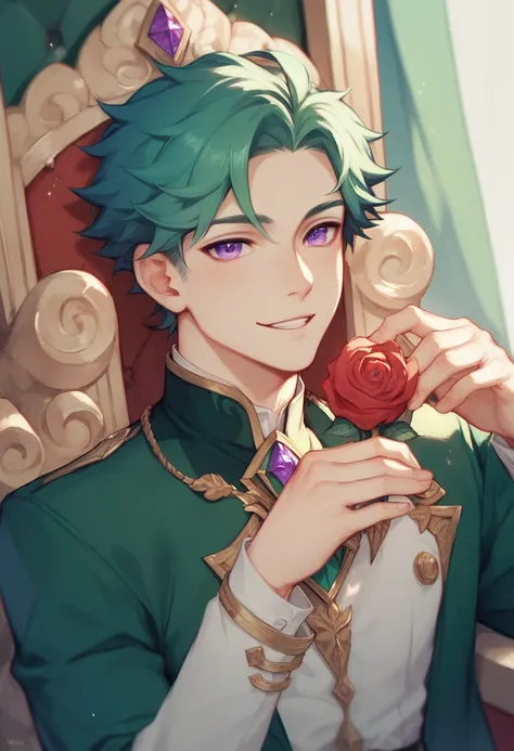  A young man with blond hair and violet eyes ,  his hair is curly and he wears a green princes clothing, He has a tender and innocent smile , He holds a rose in his hand and is close to a throne 