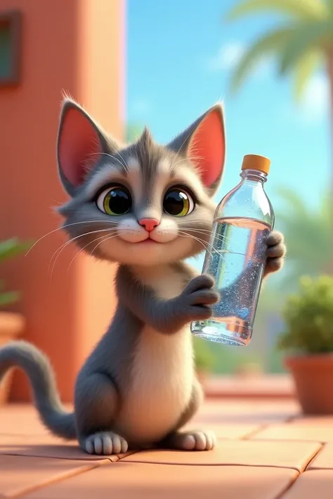 An animated cat with a bottle of pure water in his hand 