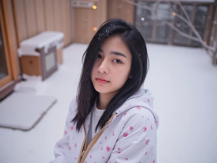 A young thai woman poses outside, and confidence. She is staying outside in the snow , winter sexy full body,intricate cartoon patterns but no bra. . Her long black hair flows over introspective expression, creating a relaxed yet graceful pose. The backgro...