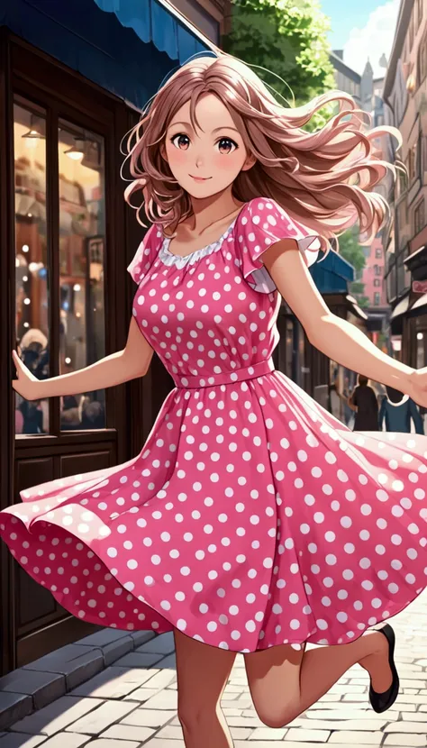 1beautiful European girl on the street, A polka dot pink one peace dress, (skirt fluttering and spinning, Rotating on one leg),  hands up, Look at the camera, from front,