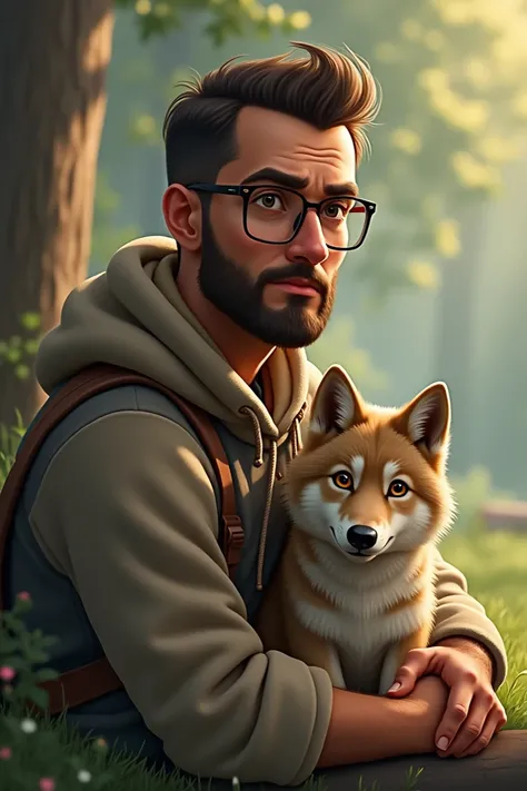 Man with glasses and a short padlock beard and a baby wolf