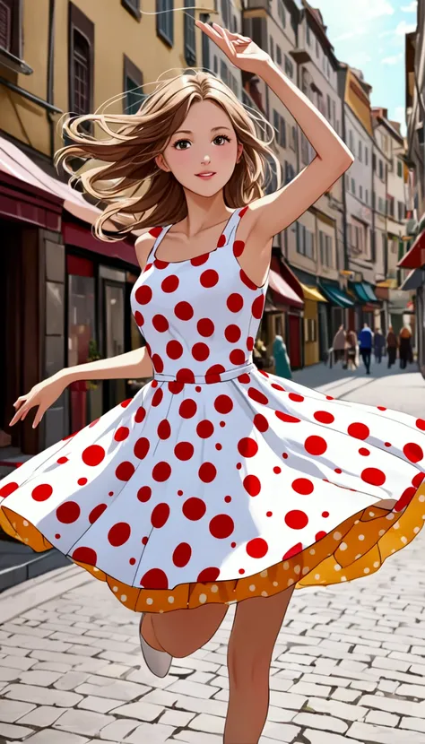 1beautiful European girl on the street, A polka dot one peace dress, (skirt fluttering and spinning, Rotating on one leg),  hands up, Look at the camera, from front,