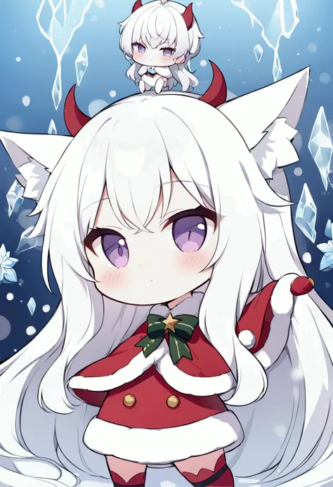 The Demon Foxs  : Long Hair,Santa costume, The White Foxs Demon, The background is a shrine made of ice,Chibi character,anime,