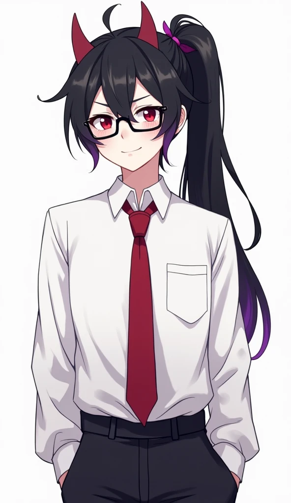  A 19-year-old male teenager ,androgynous body, DEEP RED EYES , white skin , long black hair Bicolor and white tied in the shape of a ponytail with purple tips, He wears a white shirt with a slightly messy red tie and black pants ,black glasses, horns on t...