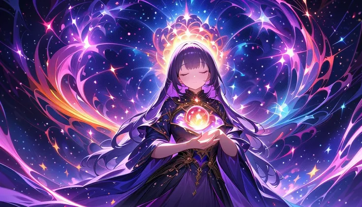  Girl Standing in a Dark Space ,  is holding dark matter in her hand , Closes Her Eyes When She Makes a Wish  , Subtle Glow that Envelopes Her , Cosmic Elements in the Background , fantasy art, high detail, mystical atmosphere