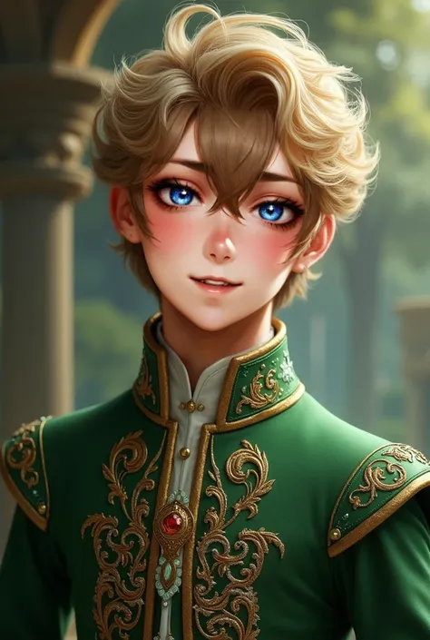  A young man with blond hair and violet eyes ,  his hair is curly and he wears a green princes clothing, He has a tender and innocent smile ,  Hes a prince  