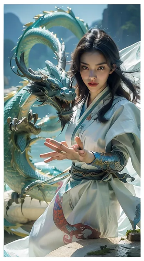 tmasterpiece，best qualtiy，realisticlying，photorealestic，The painting depicts a woman standing next to a dragon，The background is an incomparably vast starry sky，The whole painting uses cute and authentic portraits(Handsome realistic portrait style)，And has...