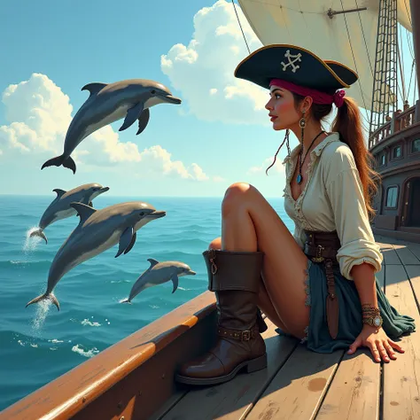 until,  digital illustration ,  highly detailed ,  tongue ,  an unrealistic illustration ,  digital painting ; a pirate woman, Low-level maruja ,  is seated on the deck of a large pirate ship on the high seas . She observes , enchanted, a group of dolphins...