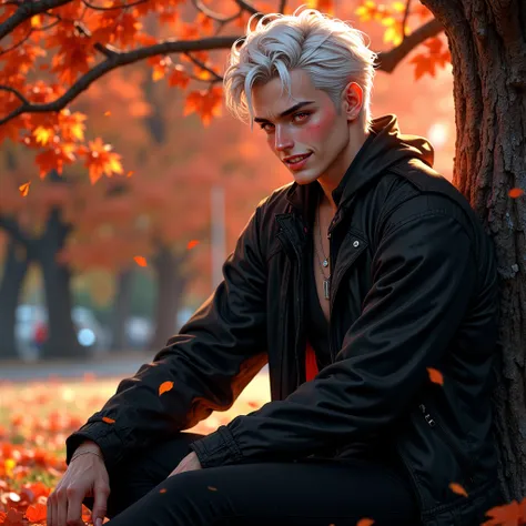 A handsome young man, a cute vampire, cute appearance a 19 years old vampire with wavy white hair, long messy hair and red eyes, slim complexion, smiling cutely and showing his vampire teeth, pale skin and blushing cheeks, wearing modern clothes, sitting u...