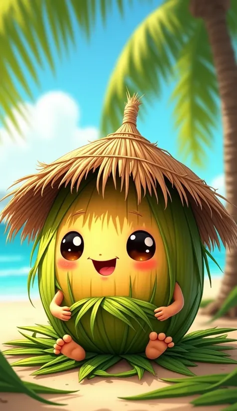 An adorable anthropomorphic coconut character with a happy face, big round eyes, and small hands, wearing a simple woven hat made of coconut leaves. The coconut is actively weaving a traditional roof using green coconut leaves, with a partially completed s...