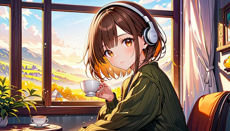 background：By the wooden window 、 corner of the room where the soft afternoon sun shines in 。  
expression：カップを見つめながら微笑む優しいexpression。  
Costume： cardigan and long skirt 。  
 pose： sitting on a chair 、 stretching while holding the cup with one hand。  
scen...