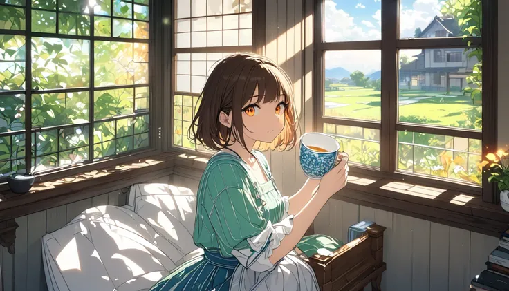 background：By the wooden window 、 corner of the room where the soft afternoon sun shines in 。  
expression：カップを見つめながら微笑む優しいexpression。  
Costume： cardigan and long skirt 。  
 pose： sitting on a chair 、 stretching while holding the cup with one hand。  
scen...