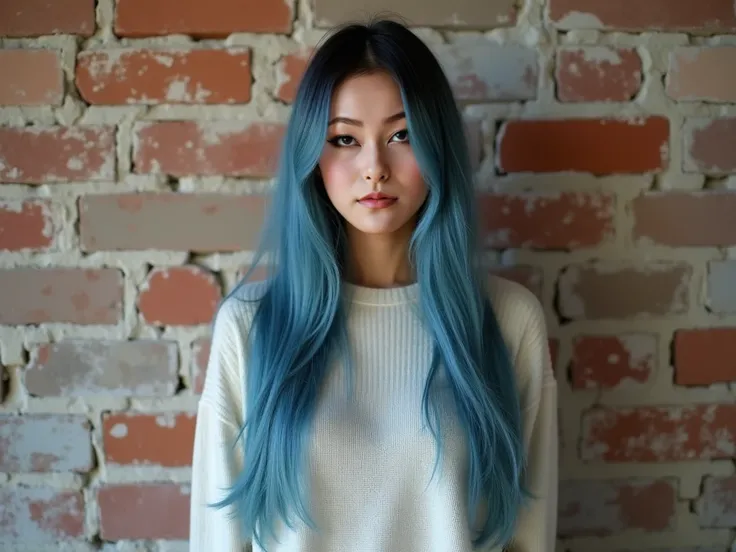 A realistic full-body photo of a young Asian woman with fair skin and long, straight blue hair, standing in front of a weathered exposed brick wall. She is casually dressed in a simple, fitted sweater and jeans, her posture relaxed yet confident. Her almon...