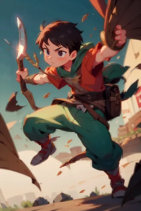 masterpiece,best quality,Robin Hood, thief boy, warrior, market,dynamic pose, knife, arrow, boy