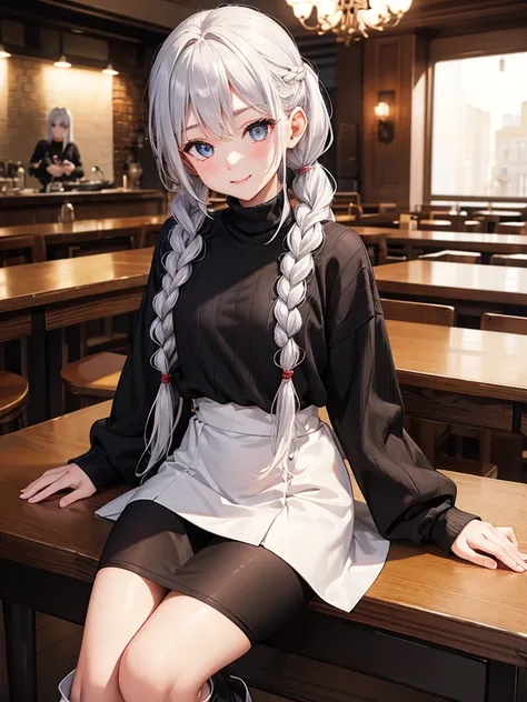  Max Image、 super detailed、 with great attention to detail、 perfect anatomy 、 perfect human body structure、seven-headed body、 Silver Hair、 ponytail 、Side braids、Captivating Eyes、Seductive lips、Ruby Lip、 RAW photos 、 black sweater 、White Skirt、 knee-high、 s...