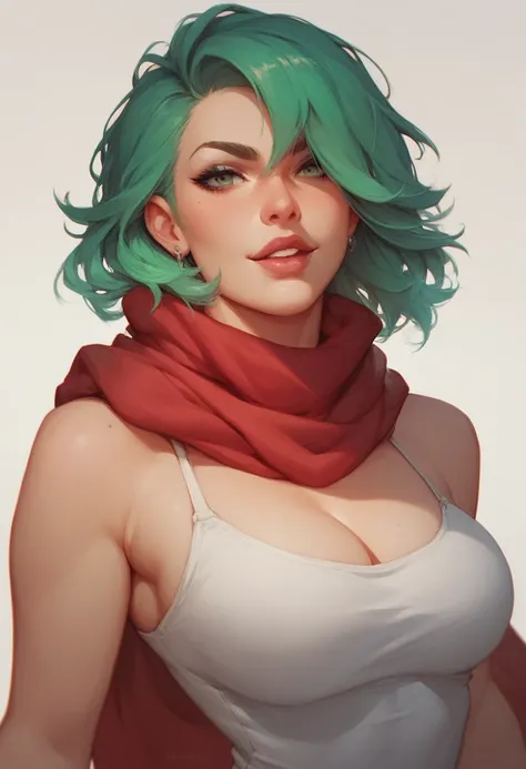 a woman with green hair and a red scarf
