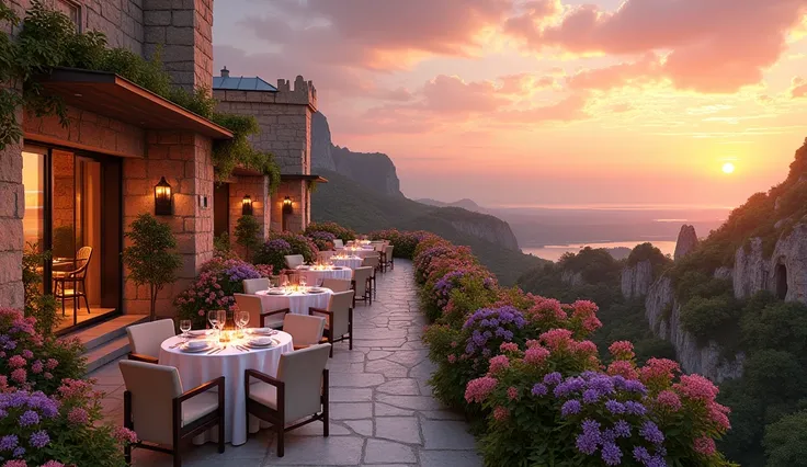 
I recommend a very beautiful restaurant located on the roof of an ancient stone castle, large white tables and large lush flower beds around it, with an incredibly beautiful sunset in a realistic style in the background




















